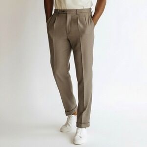 Steve Harvey Dress Pants Mens 36x32 Tan Houndstooth Pleated Cuffed Rayon